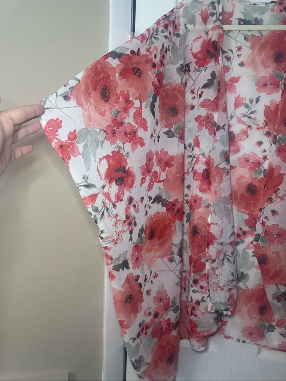 GeeGee Sheer Floral Kimono Cover-Up in Red, Coral and Cream - Picture 3 of 6